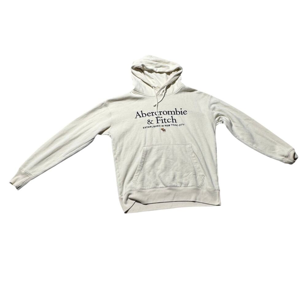 Abercrombie & Fitch Hoodie Mens S Cream Relaxed Soft A&F Fleece Graphic Pullover - Picture 2 of 16